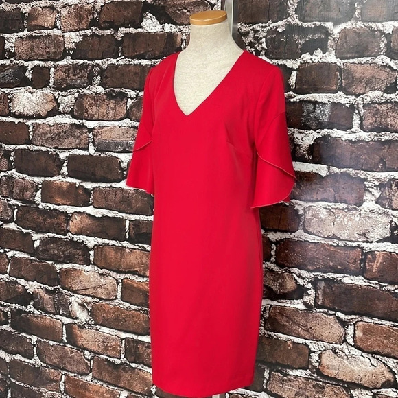 Trina Turk Dress Red Knee Length Sheath V-Neck Bell Sleeves Size 2 - Picture 4 of 16